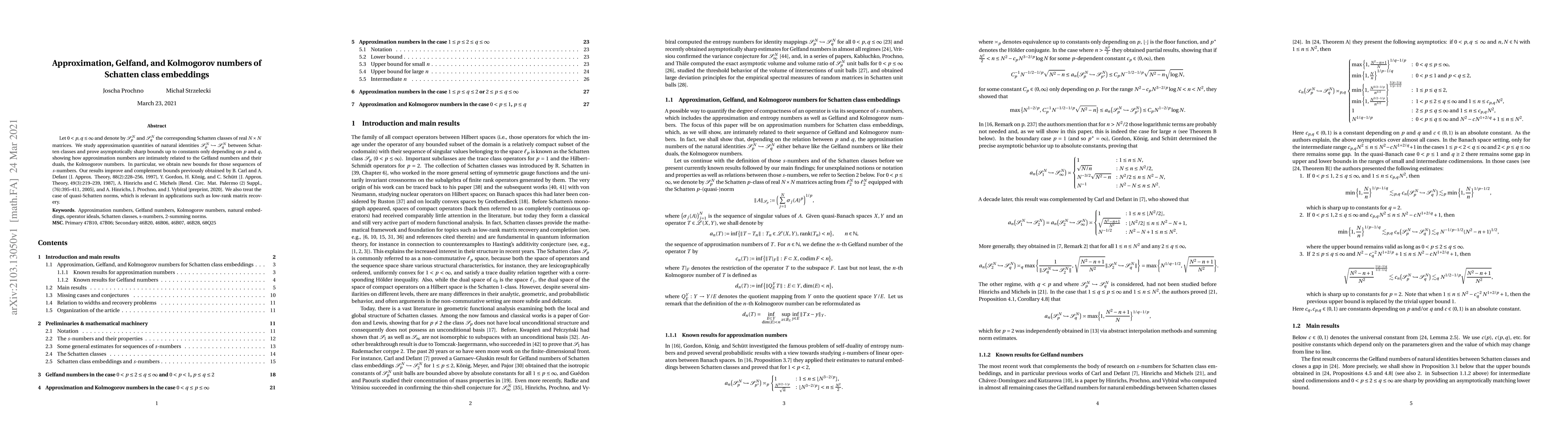 Thumbnail for Approximation, Gelfand, and Kolmogorov numbers of Schatten class
  embeddings