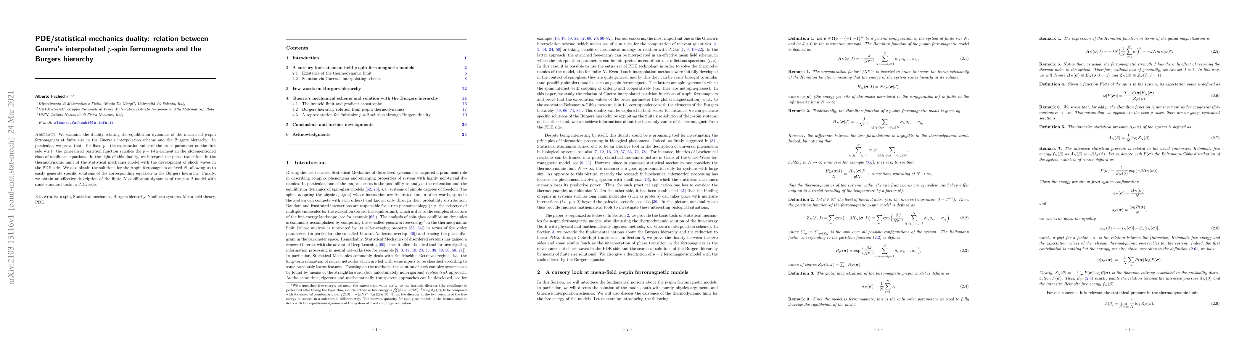 Thumbnail for PDE/statistical mechanics duality: relation between Guerra's
  interpolated $p$-spin ferromagnets and the Burgers hierarchy