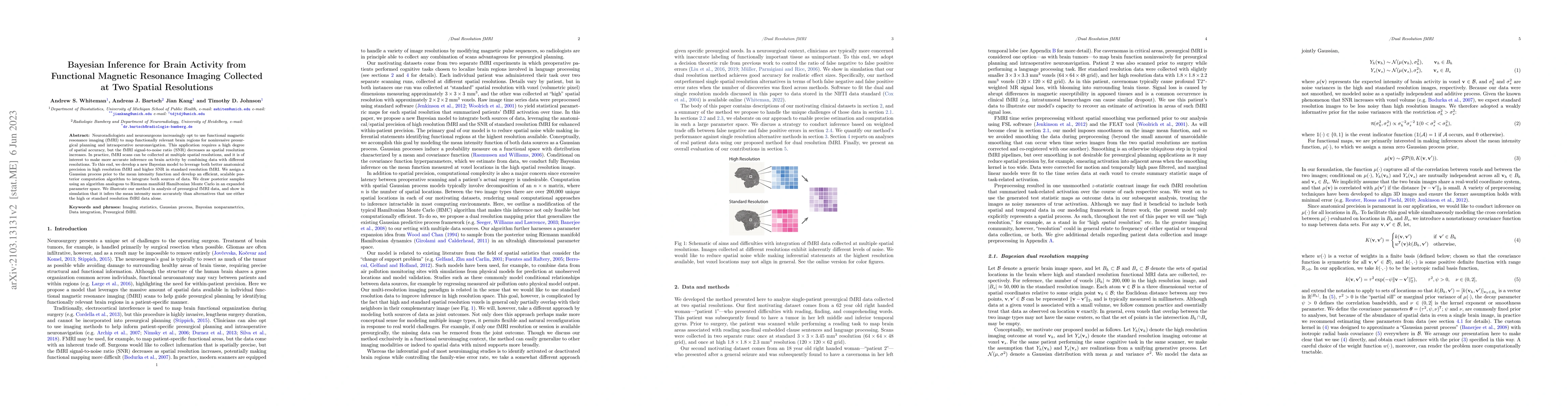 Thumbnail for Bayesian Inference for Brain Activity from Functional Magnetic Resonance
  Imaging Collected at Two Spatial Resolutions
