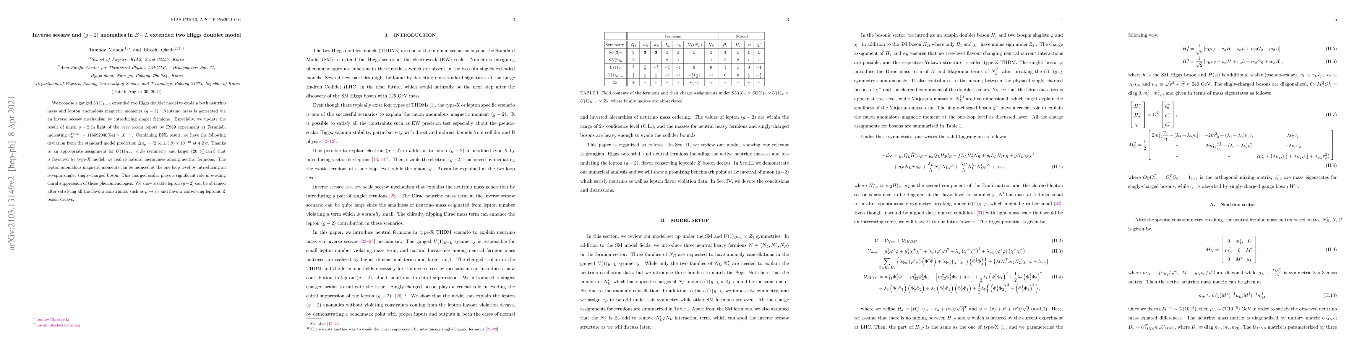 Thumbnail for Inverse seesaw and $(g-2)$ anomalies in $B-L$ extended two Higgs doublet
  model