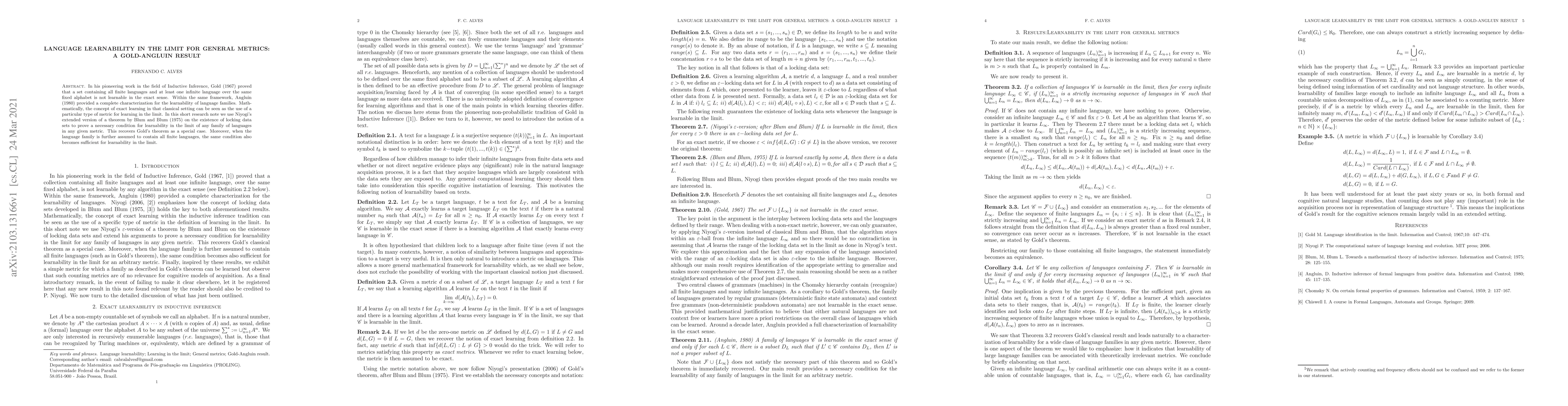 Thumbnail for Language learnability in the limit for general metrics: a Gold-Angluin
  result