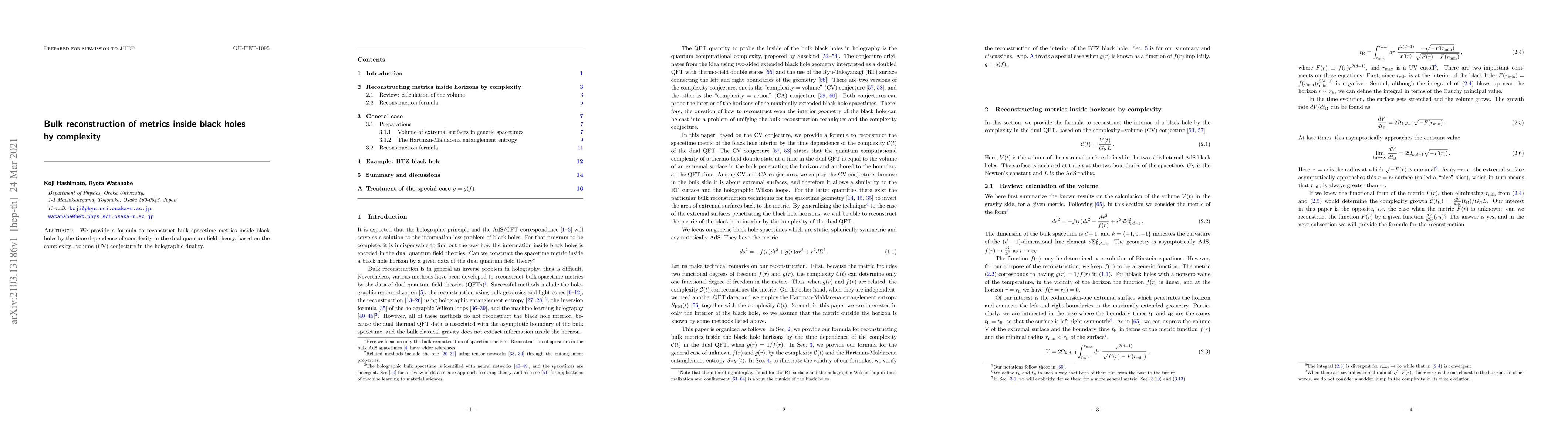 Thumbnail for Bulk reconstruction of metrics inside black holes by complexity
