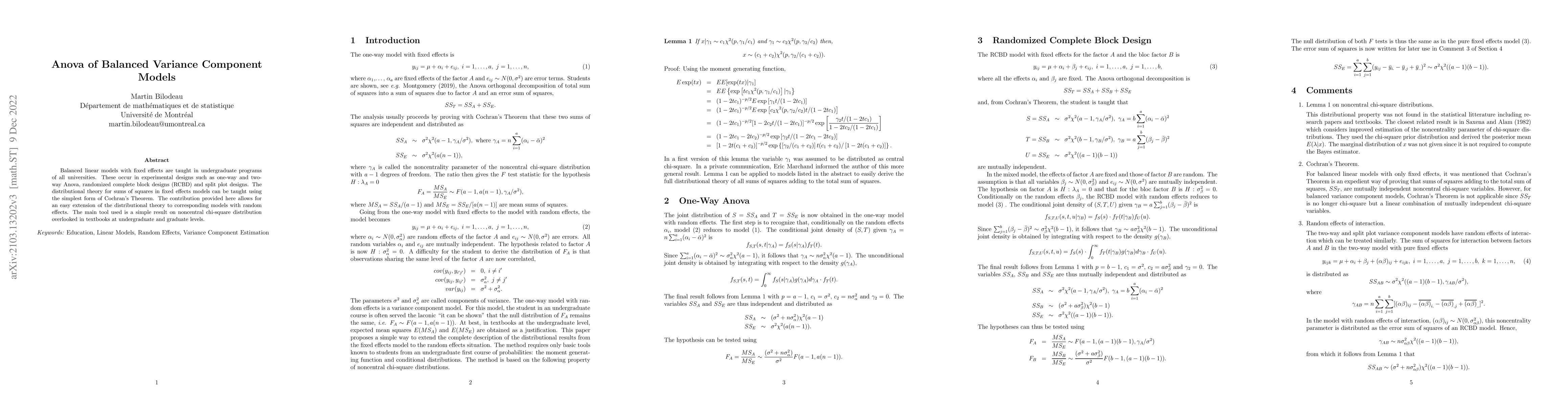 Thumbnail for Anova of Balanced Variance Component Models