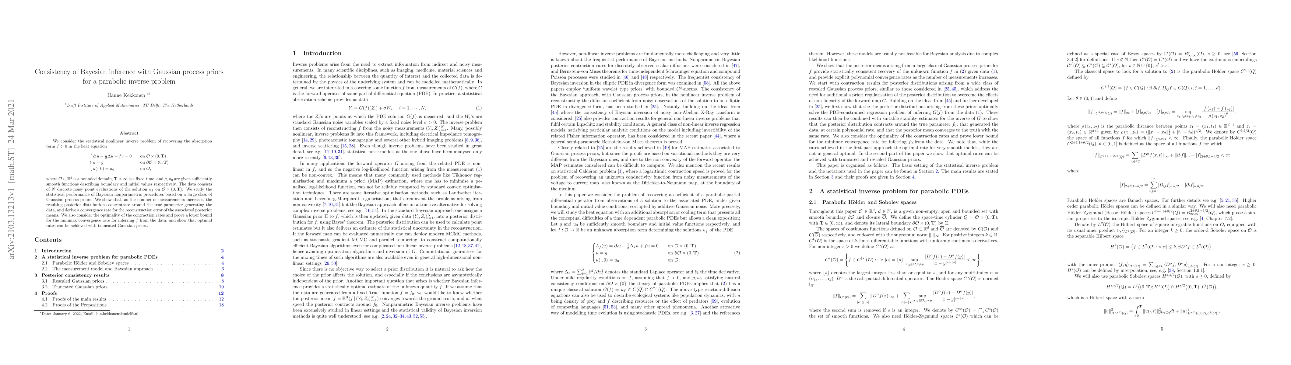 Thumbnail for Consistency of Bayesian inference with Gaussian process priors for a
  parabolic inverse problem
