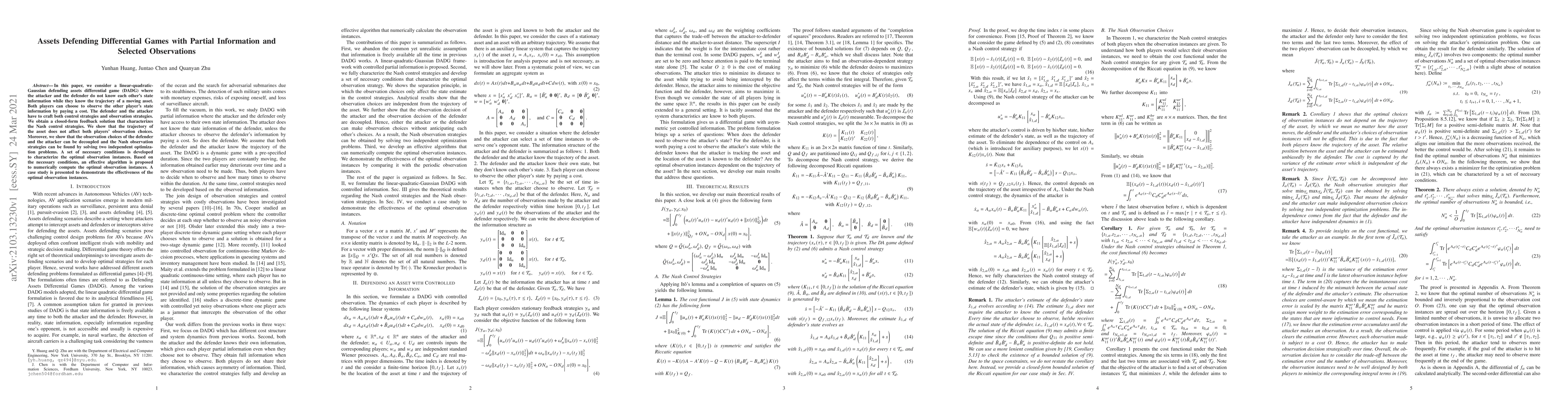 Thumbnail for Assets Defending Differential Games with Partial Information and
  Selected Observations
