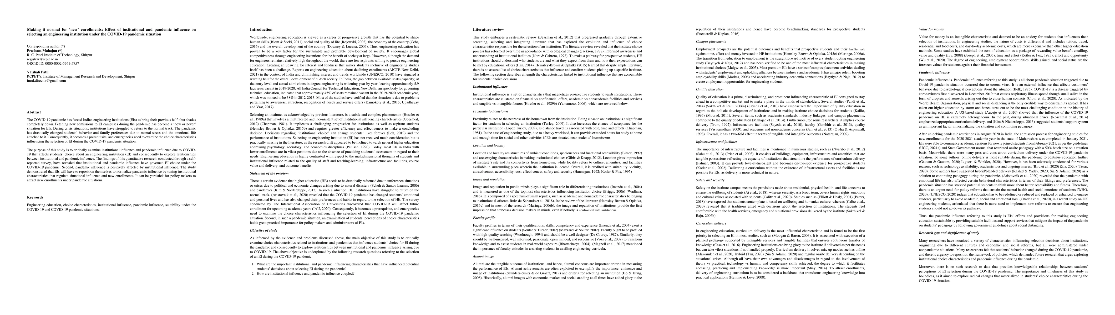Thumbnail for Making it normal for new enrollments: Effect of institutional and
  pandemic influence on selecting an engineering institution under the COVID-19
  pandemic situation