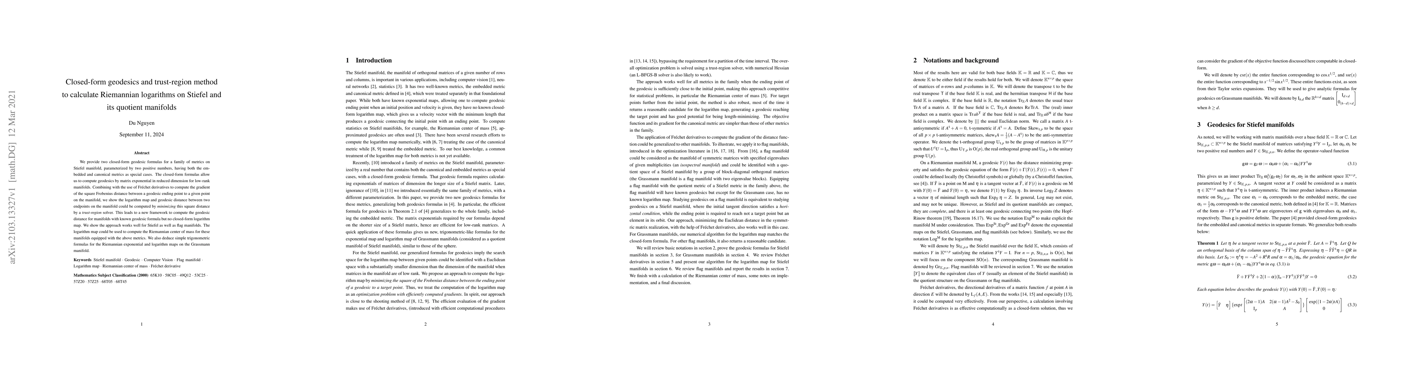 Thumbnail for Closed-form geodesics and trust-region method to calculate Riemannian
  logarithms on Stiefel and its quotient manifolds