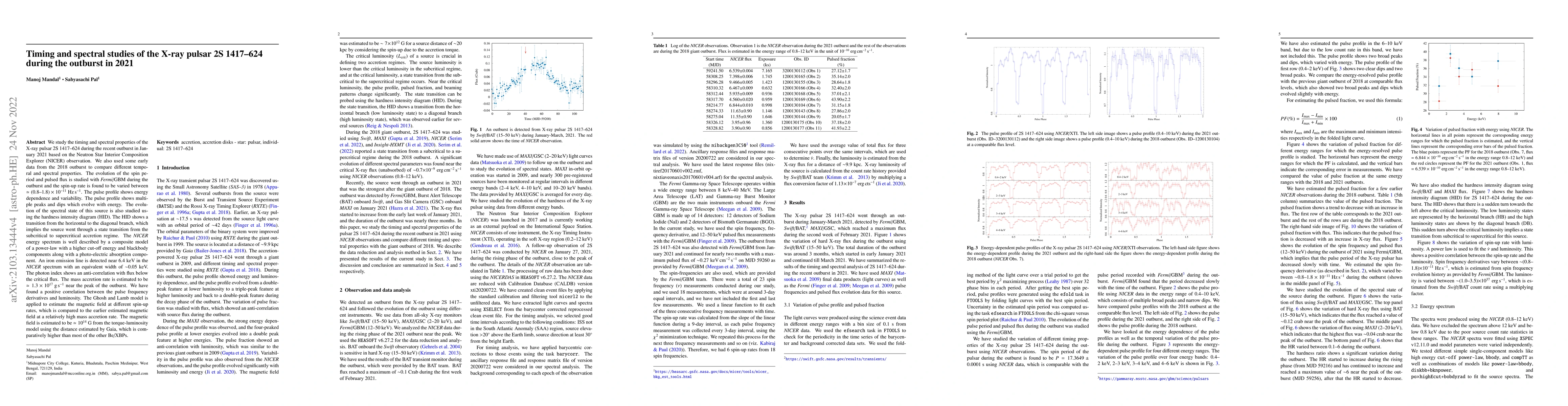 Thumbnail for Timing and Spectral Studies of the X-ray Pulsar 2S 1417$-$624 During the
  Outburst in 2021