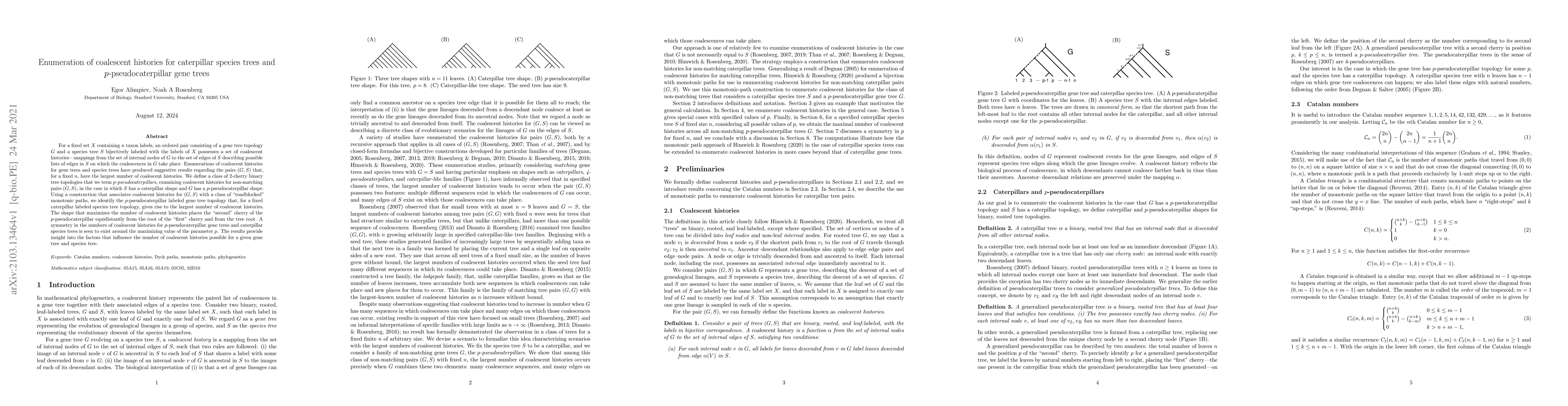 Thumbnail for Enumeration of coalescent histories for caterpillar species trees and
  $p$-pseudocaterpillar gene trees