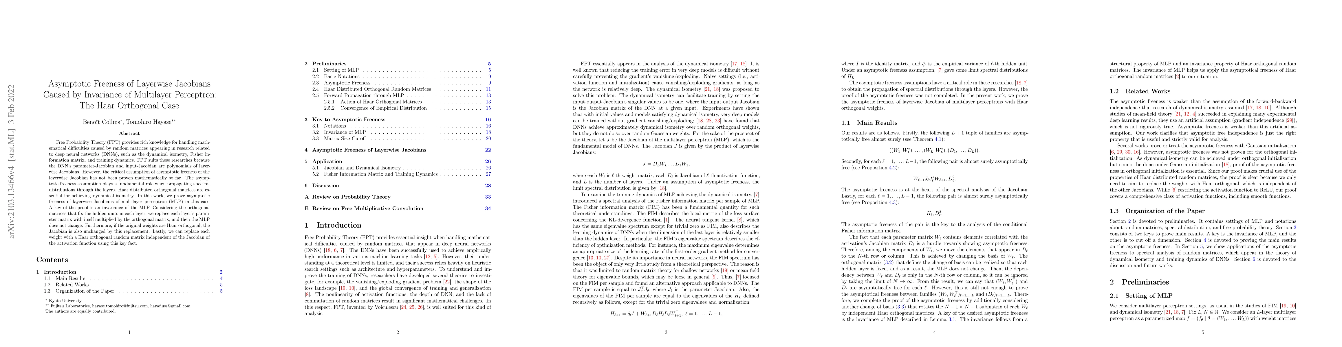 Thumbnail for Asymptotic Freeness of Layerwise Jacobians Caused by Invariance of
  Multilayer Perceptron: The Haar Orthogonal Case