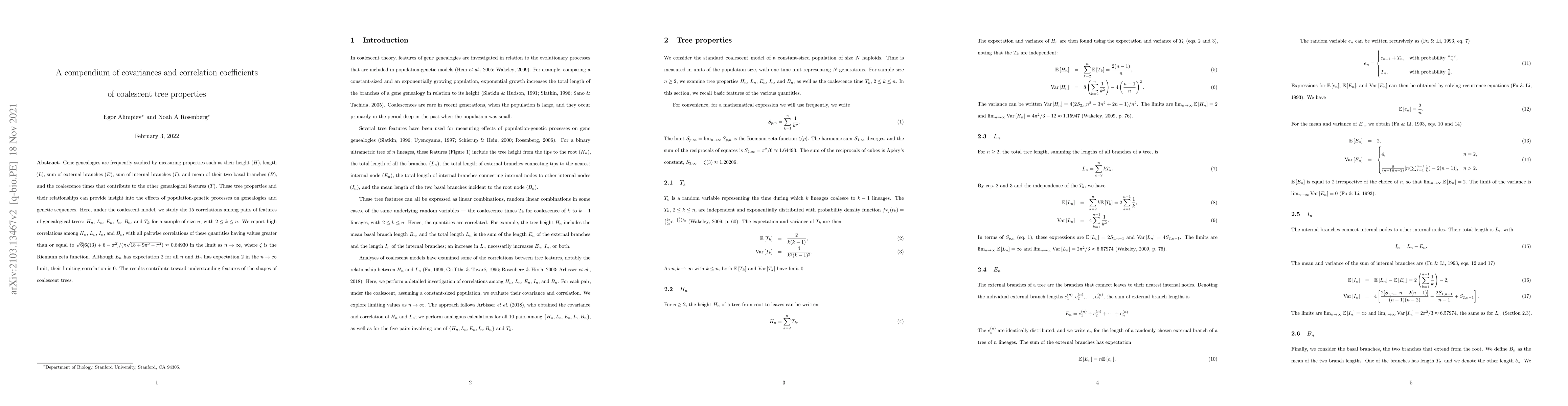Thumbnail for A compendium of covariances and correlation coefficients of coalescent
  tree properties