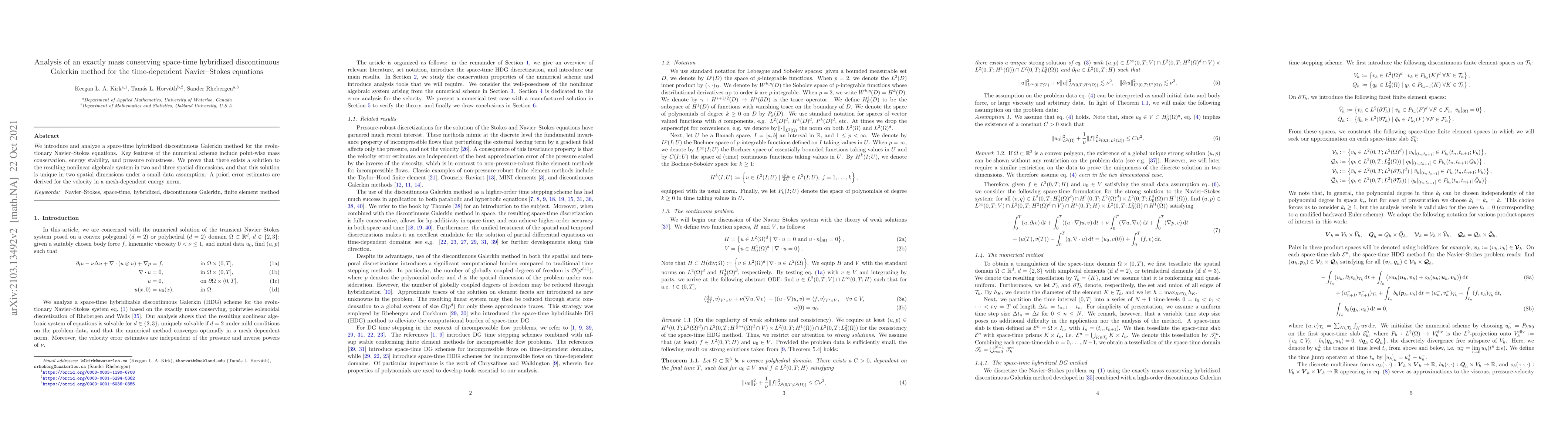 Thumbnail for Analysis of an exactly mass conserving space-time hybridized
  discontinuous Galerkin method for the time-dependent Navier--Stokes equations