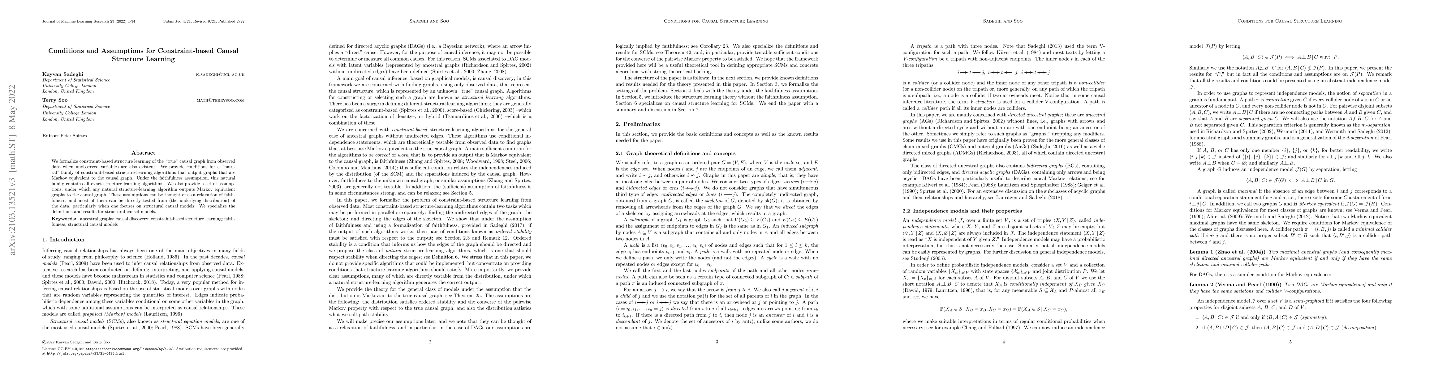 Thumbnail for Conditions and Assumptions for Constraint-based Causal Structure
  Learning