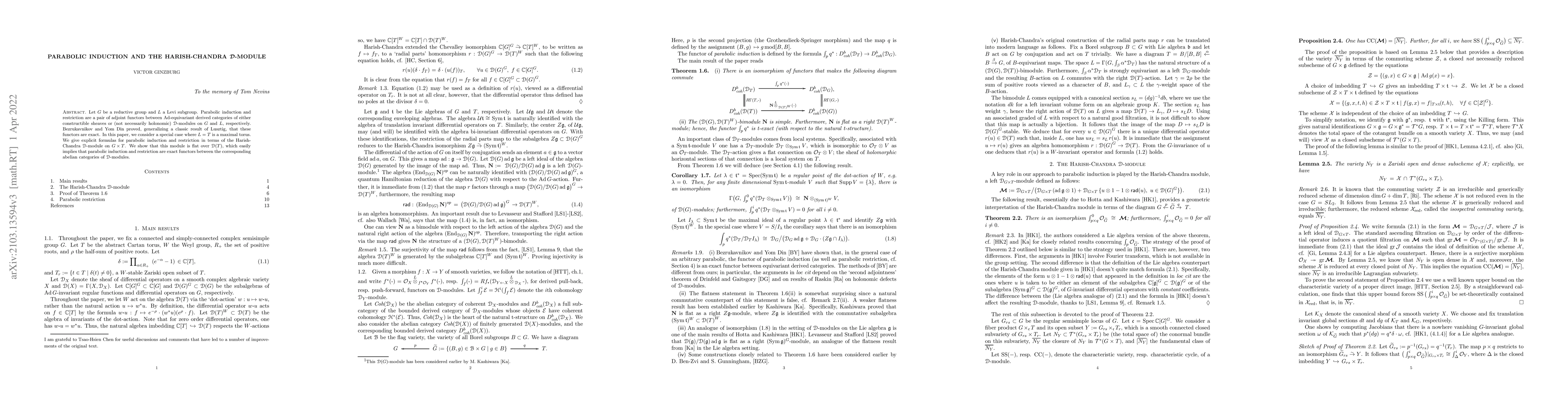 Thumbnail for Parabolic induction and the Harish-Chandra D-module
