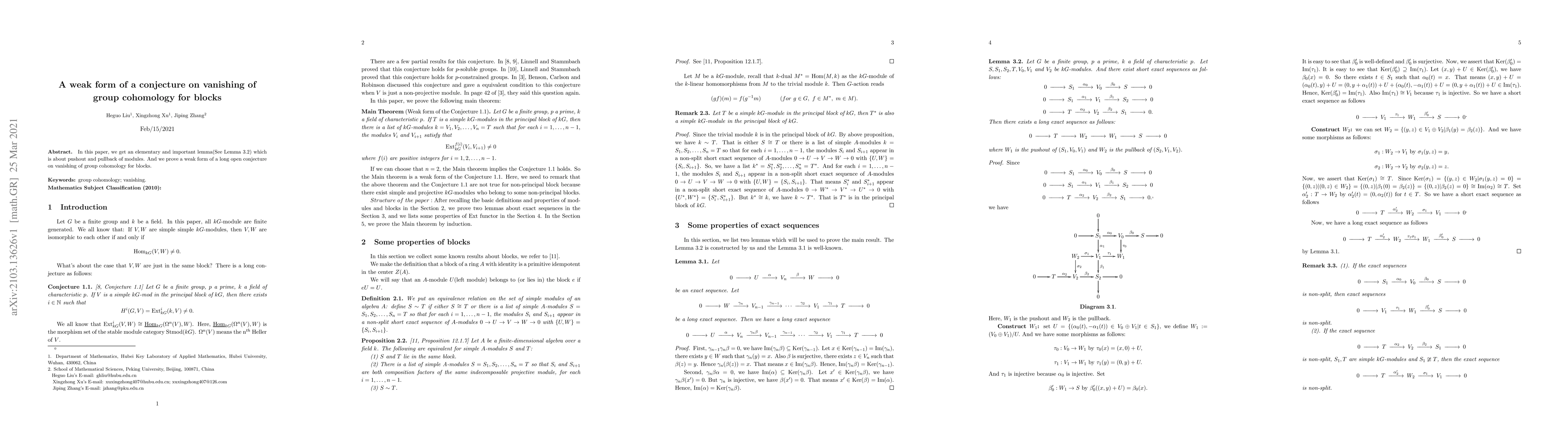 Thumbnail for A weak form of a conjecture on vanishing of group cohomology for blocks