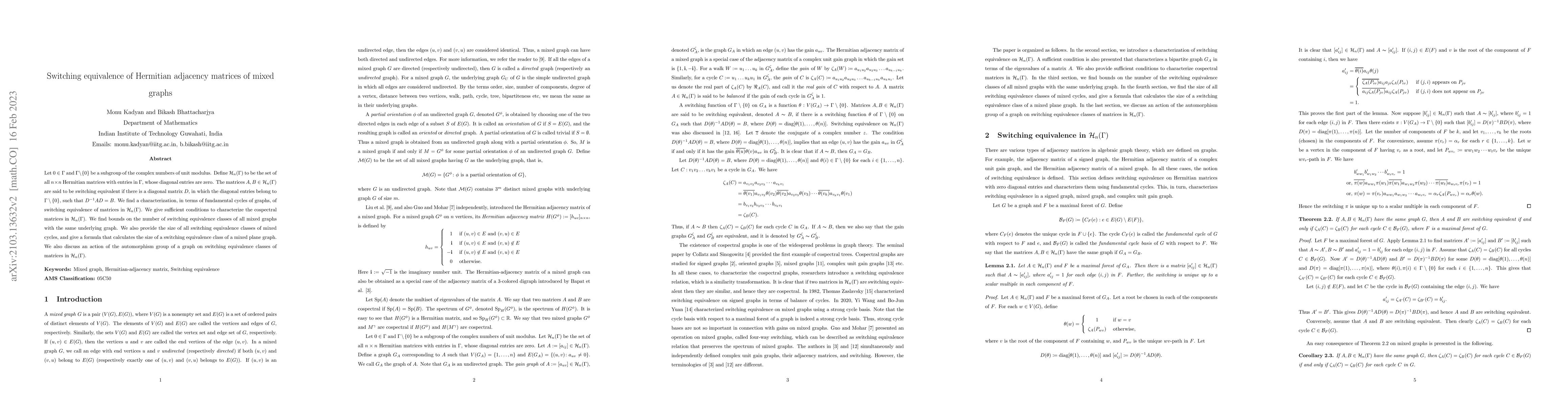 Thumbnail for Switching equivalence of Hermitian adjacency matrices of mixed graphs