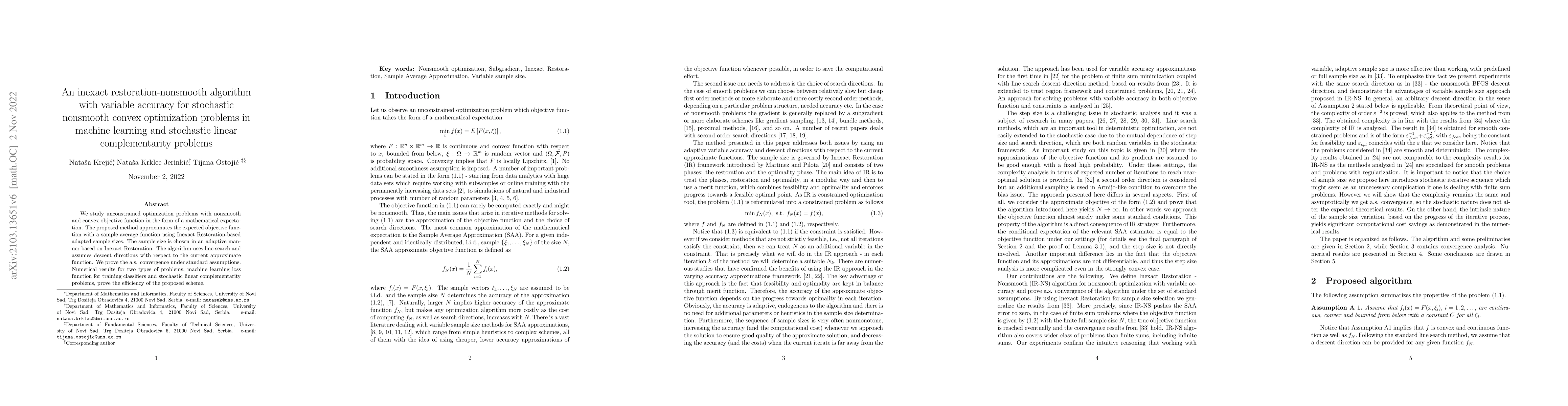 Thumbnail for An inexact restoration-nonsmooth algorithm with variable accuracy for
  stochastic nonsmooth convex optimization problems in machine learning and
  stochastic linear complementarity problems