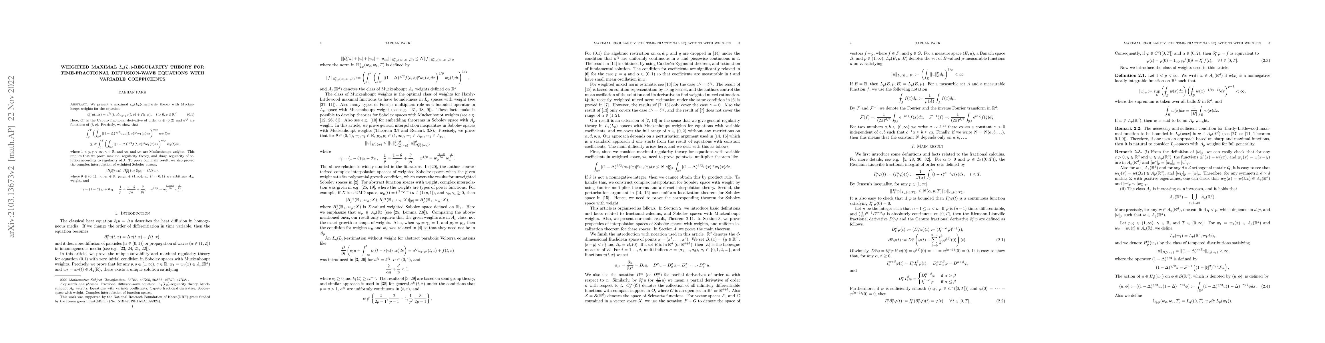 Thumbnail for Weighted maximal $L_{q}(L_{p})$-regularity theory for time-fractional
  diffusion-wave equations with variable coefficients