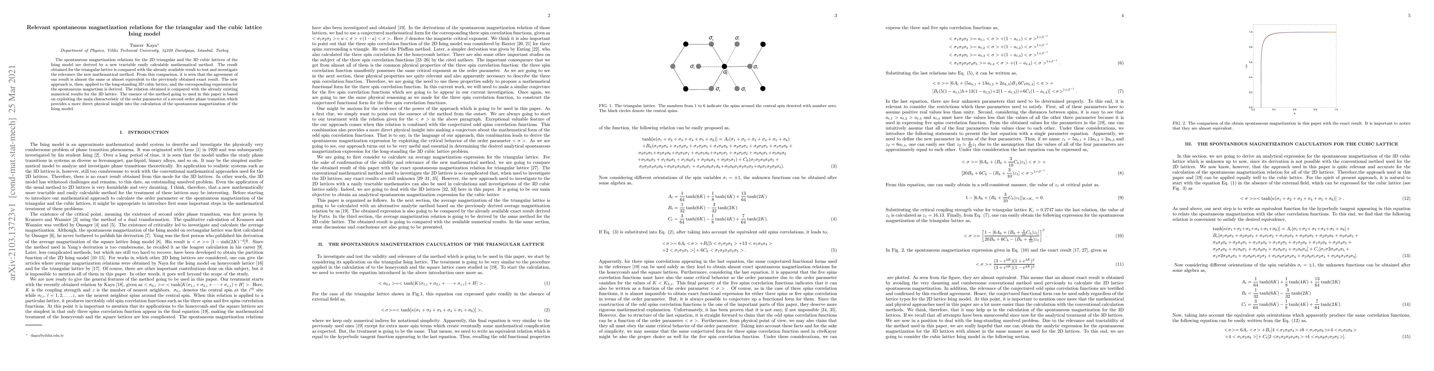Thumbnail for Relevant spontaneous magnetization relations for the triangular and the
  cubic lattice Ising model