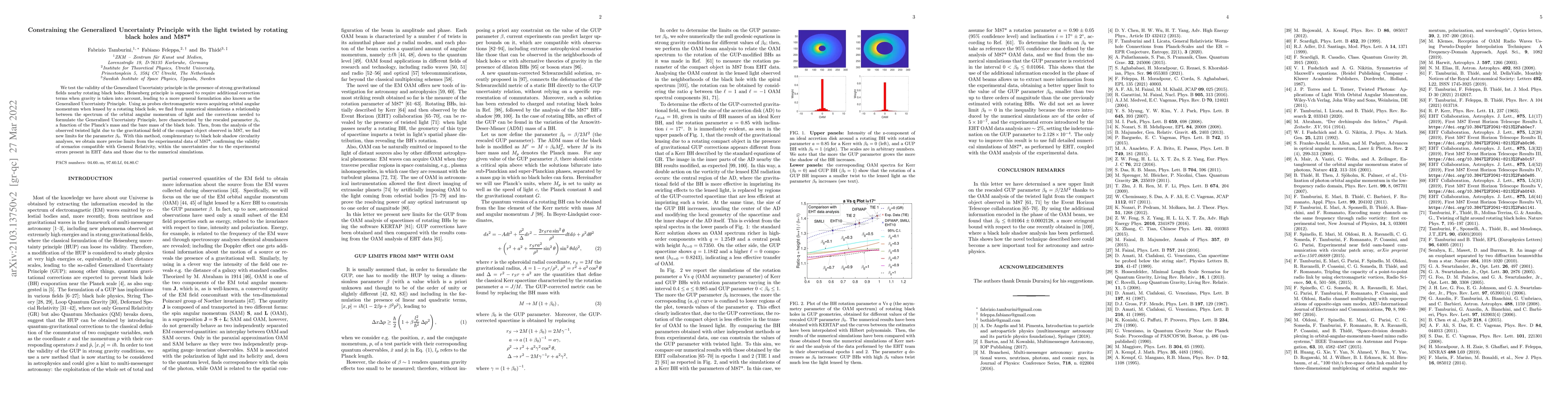 Thumbnail for Constraining the Generalized Uncertainty Principle with the light
  twisted by rotating black holes and M87*