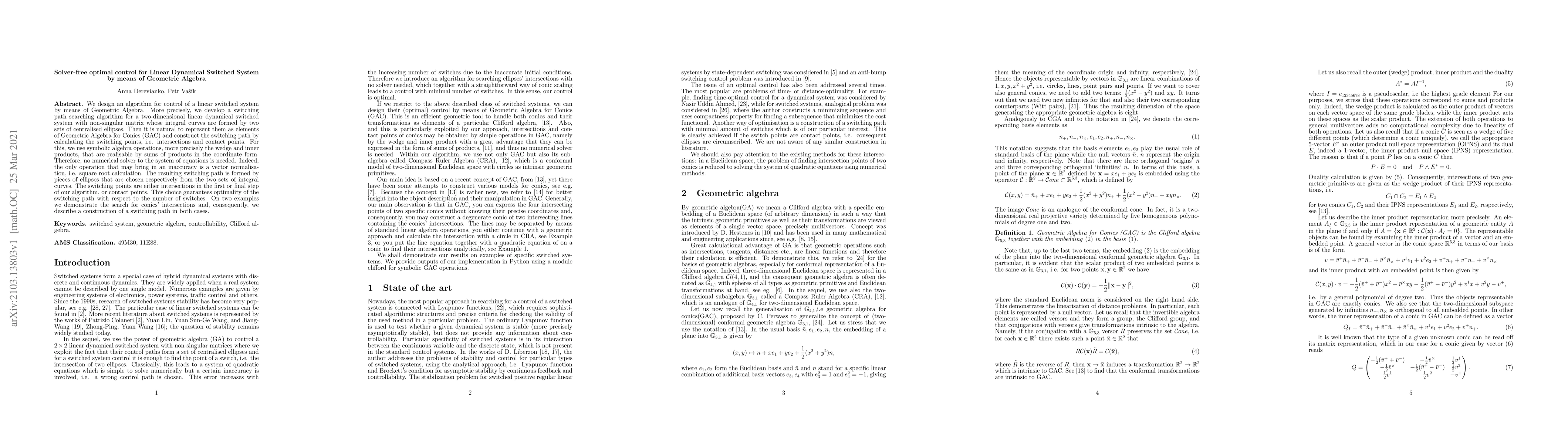 Thumbnail for Solver-free optimal control for Linear Dynamical Switched System by
  means of Geometric Algebra