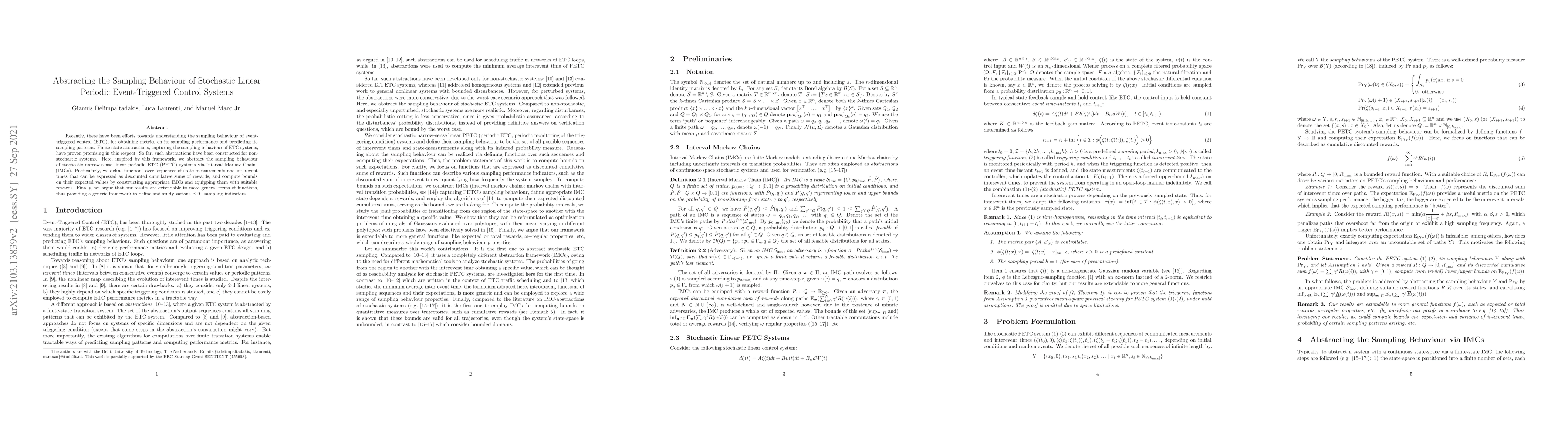 Thumbnail for Abstracting the Sampling Behaviour of Stochastic Linear Periodic
  Event-Triggered Control Systems