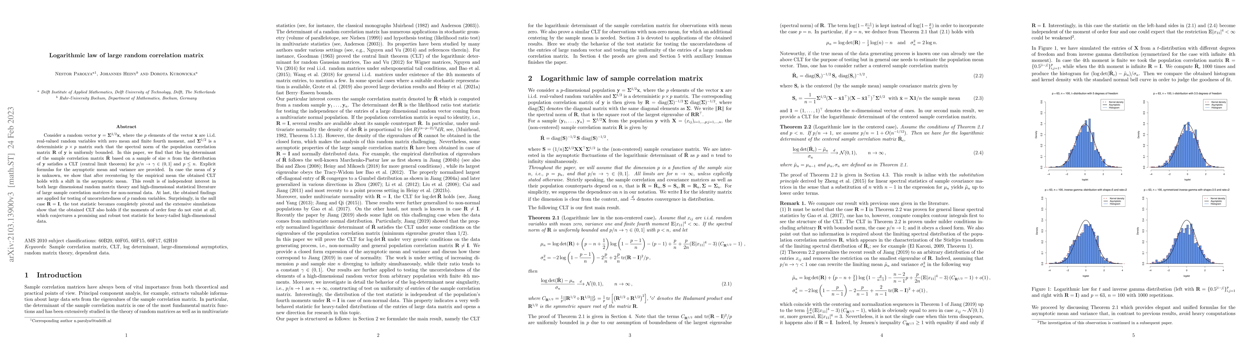 Thumbnail for Logarithmic law of large random correlation matrices