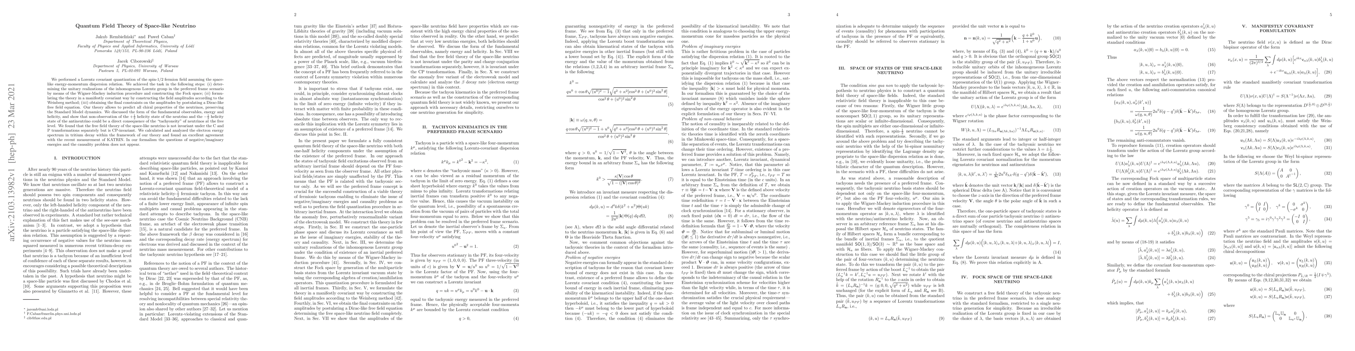 Thumbnail for Quantum Field Theory of Space-like Neutrino
