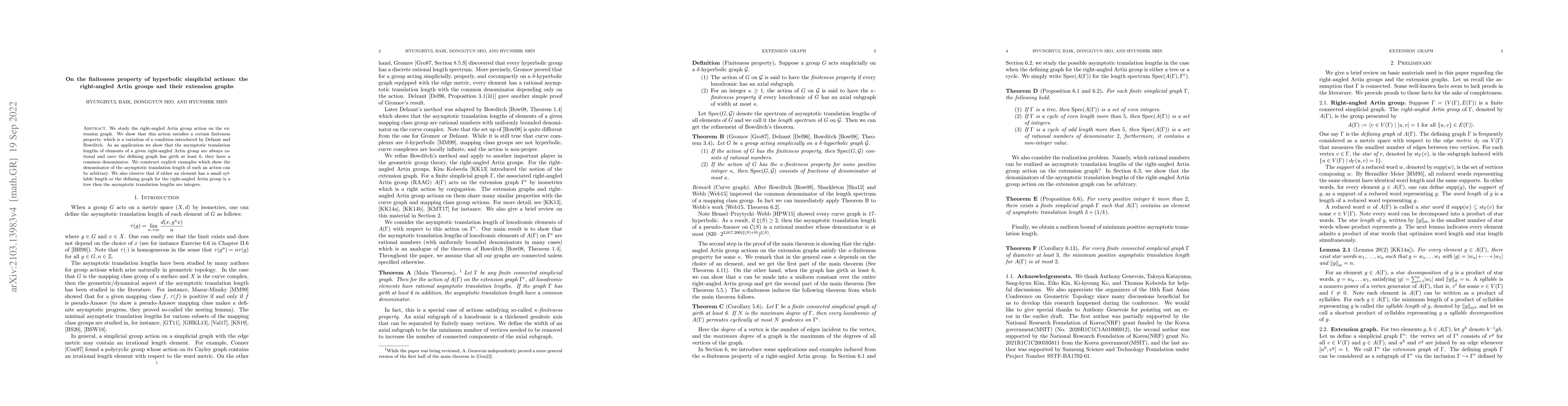 Thumbnail for On the finiteness property of hyperbolic simplicial actions: the
  right-angled Artin groups and their extension graphs