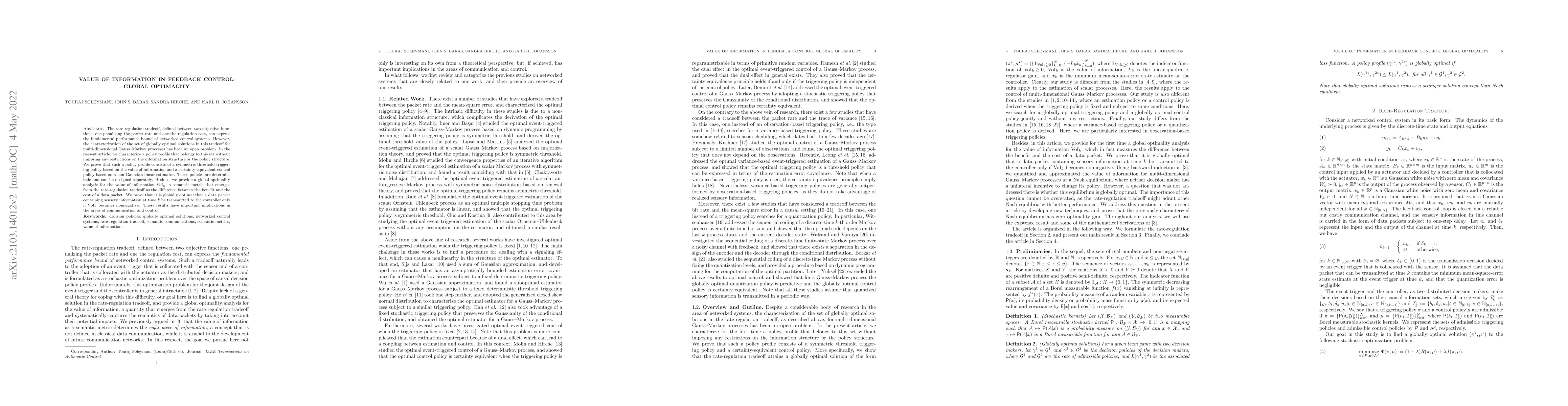 Thumbnail for Value of Information in Feedback Control: Global Optimality