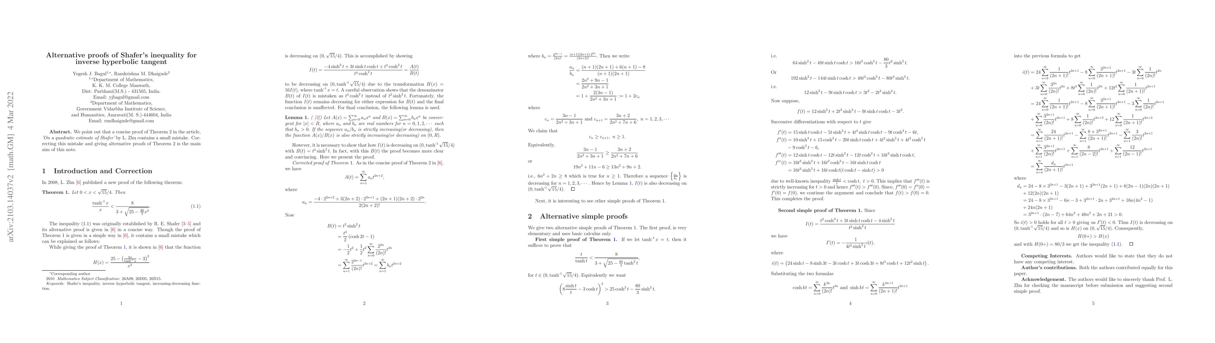 Thumbnail for Alternative proofs of Shafer's inequality for inverse hyperbolic tangent