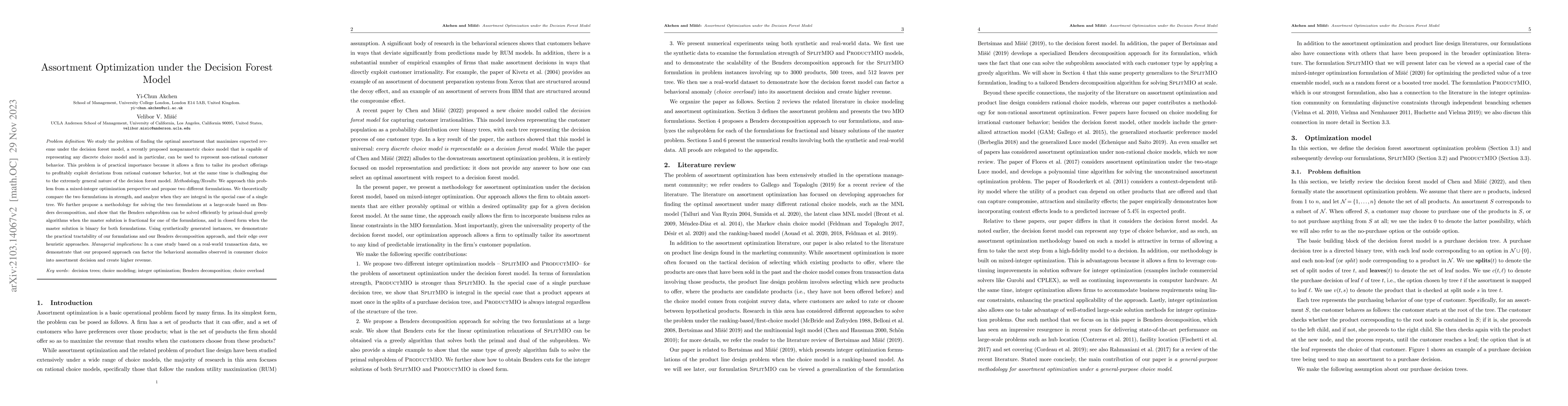 Thumbnail for Assortment Optimization under the Decision Forest Model