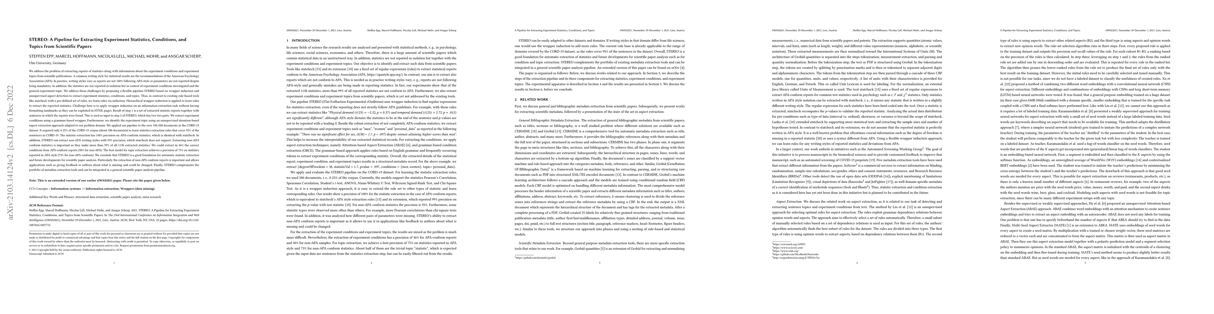 Thumbnail for STEREO: A Pipeline for Extracting Experiment Statistics, Conditions, and
  Topics from Scientific Papers