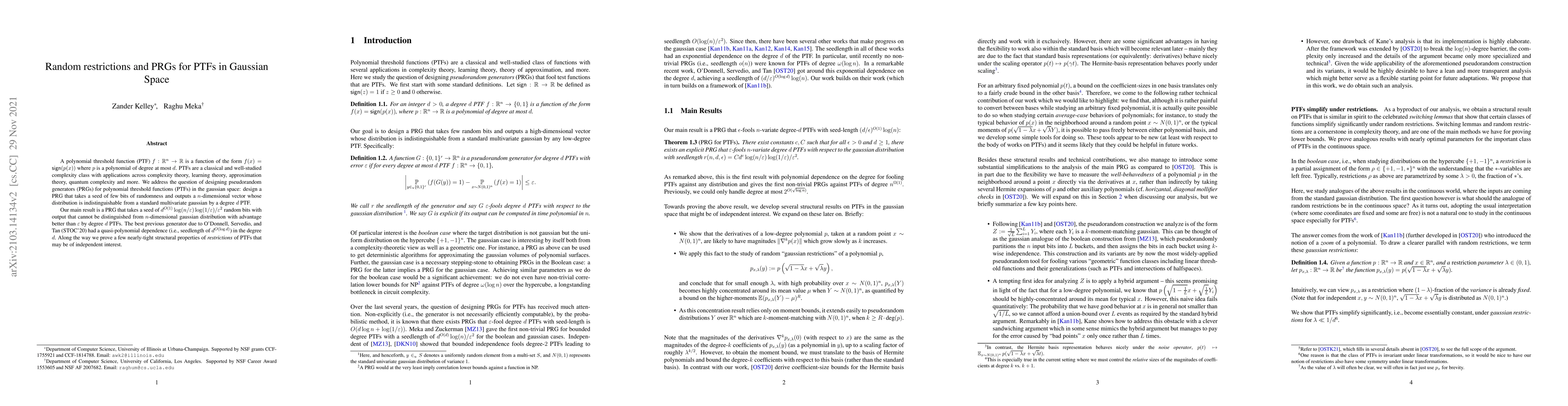 Thumbnail for Random restrictions and PRGs for PTFs in Gaussian Space