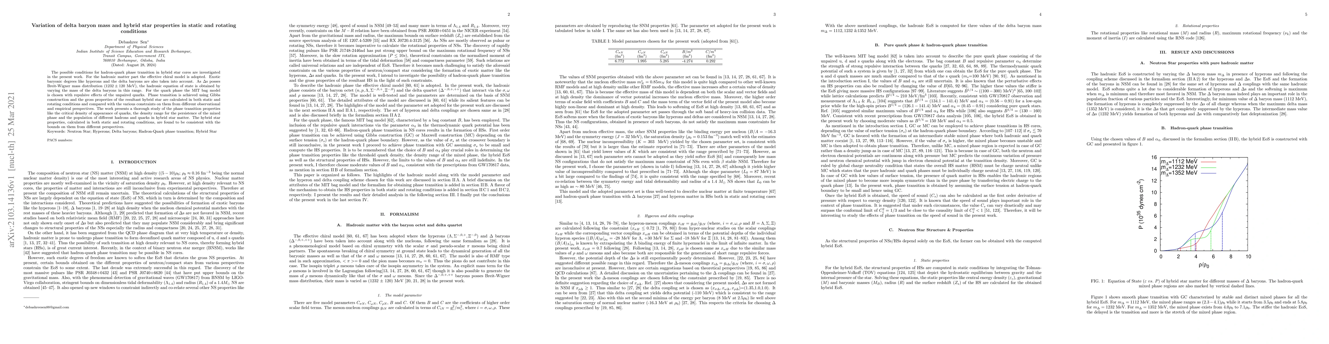 Thumbnail for Variation of delta baryon mass and hybrid star properties in static and
  rotating conditions