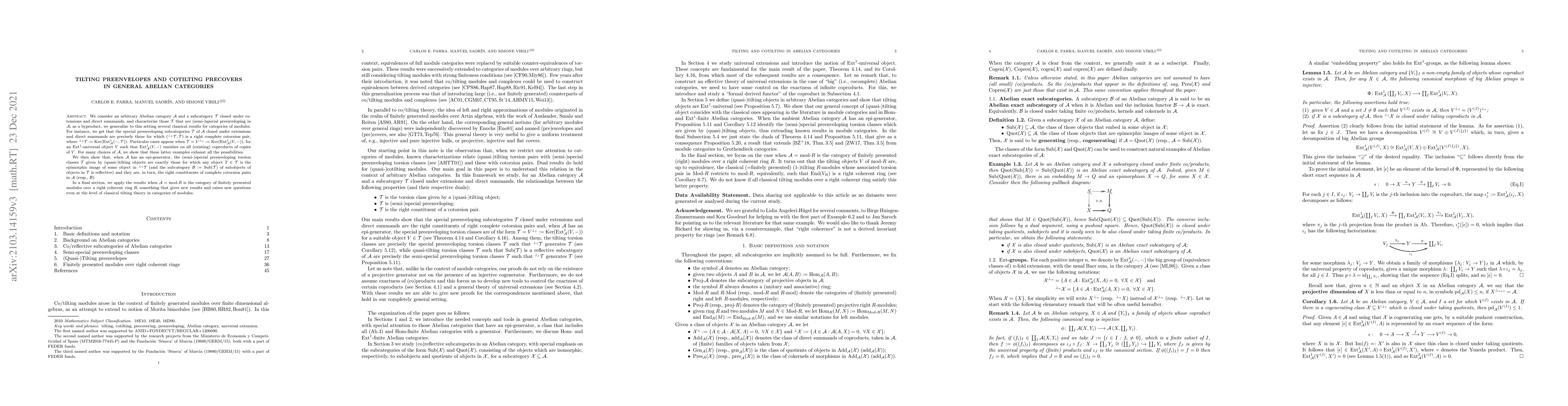 Thumbnail for Tilting preenvelopes and cotilting precovers in general Abelian
  categories