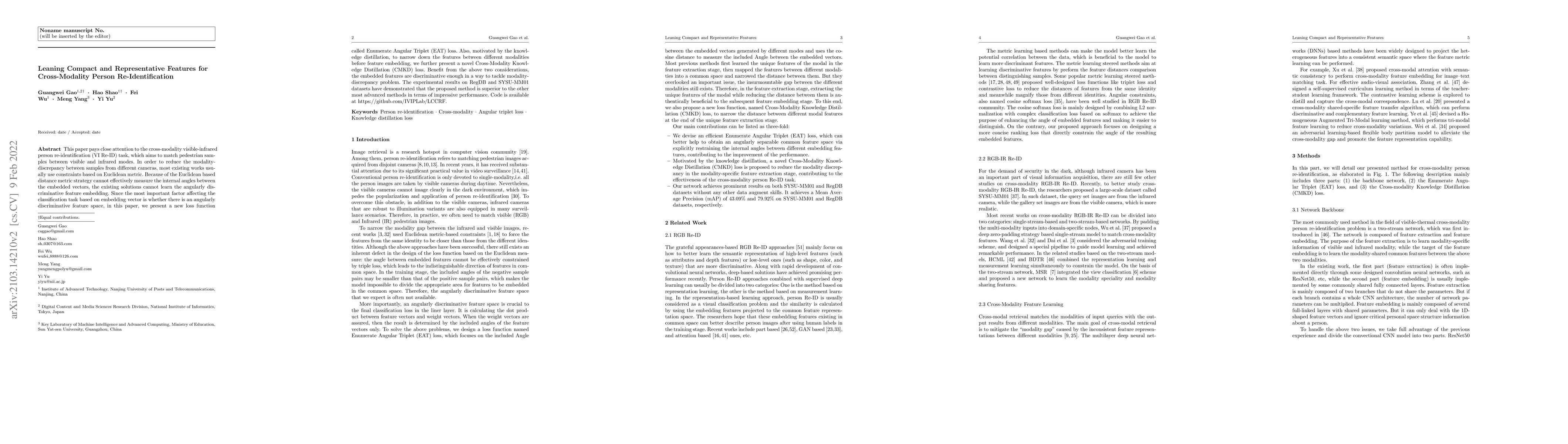Thumbnail for Leaning Compact and Representative Features for Cross-Modality Person
  Re-Identification