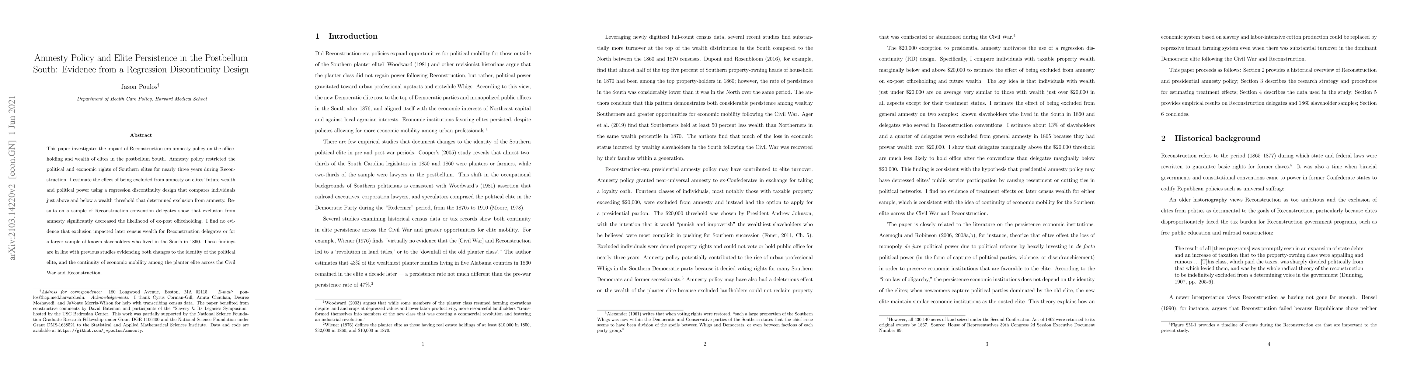 Thumbnail for Amnesty Policy and Elite Persistence in the Postbellum South: Evidence
  from a Regression Discontinuity Design