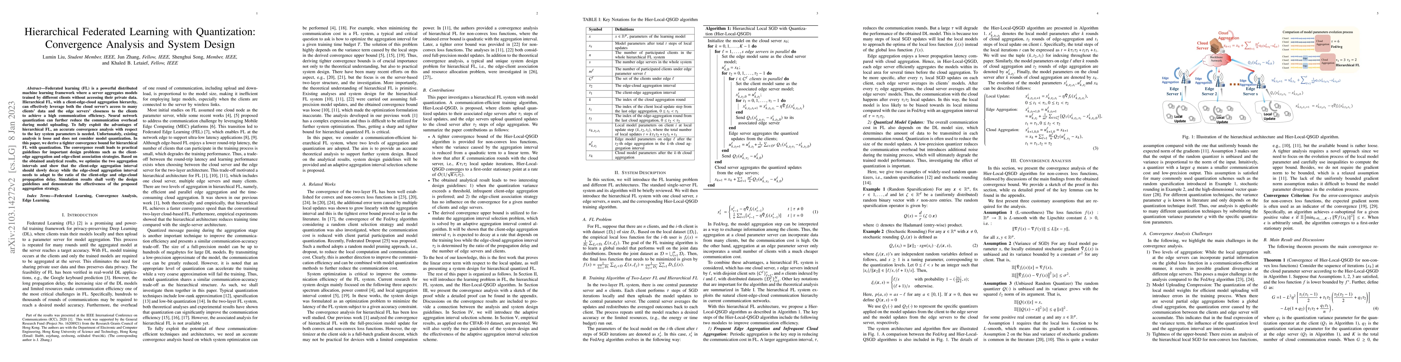 Thumbnail for Hierarchical Federated Learning with Quantization: Convergence Analysis
  and System Design
