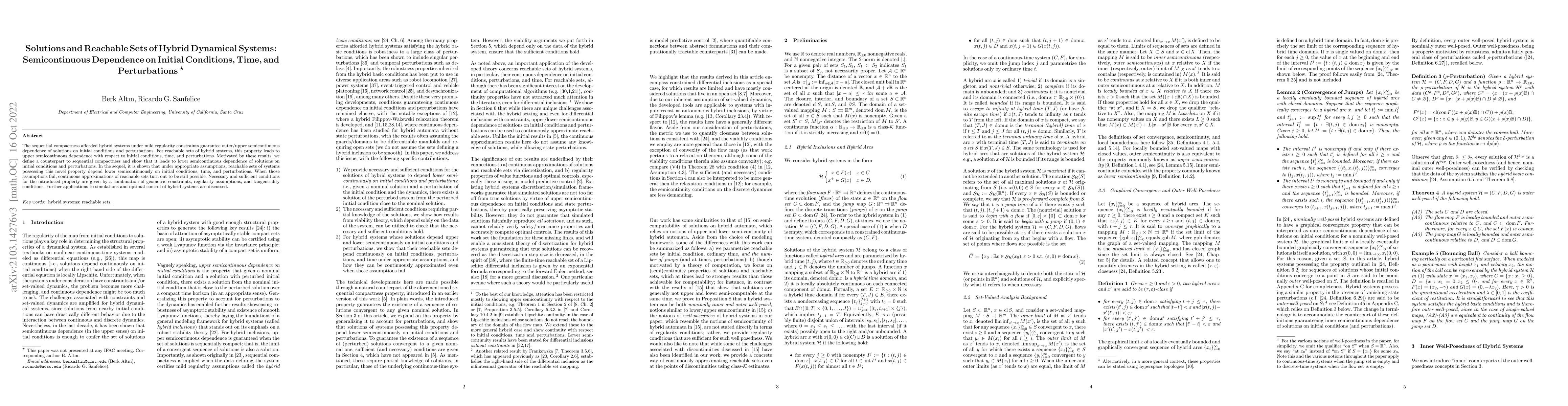 Thumbnail for Solutions and Reachable Sets of Hybrid Dynamical Systems: Semicontinuous
  Dependence on Initial Conditions, Time, and Perturbations