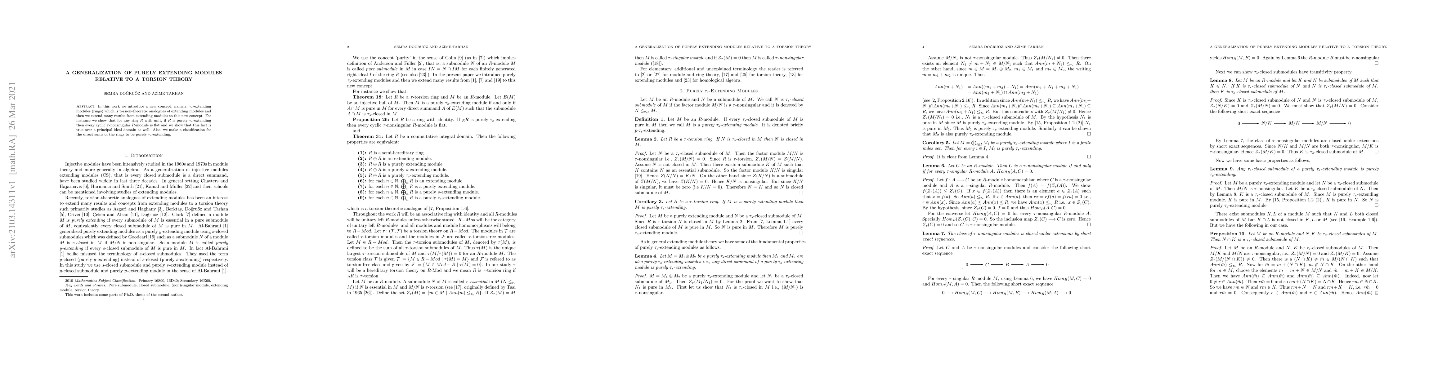 Thumbnail for A generalization of purely extending modules relative to a torsion
  theory