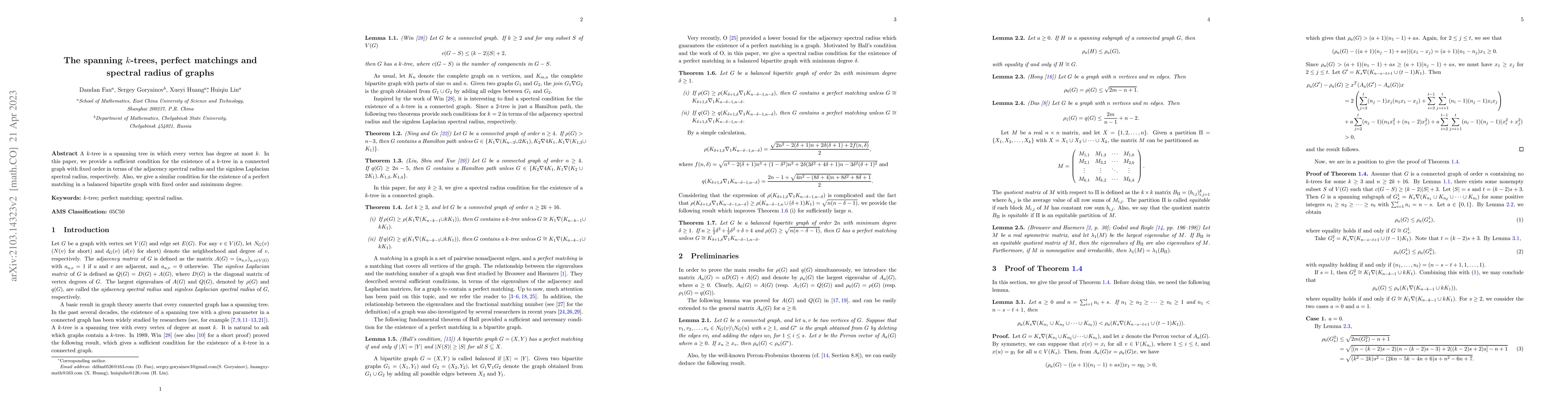 Thumbnail for The spanning $k$-trees, perfect matchings and spectral radius of graphs