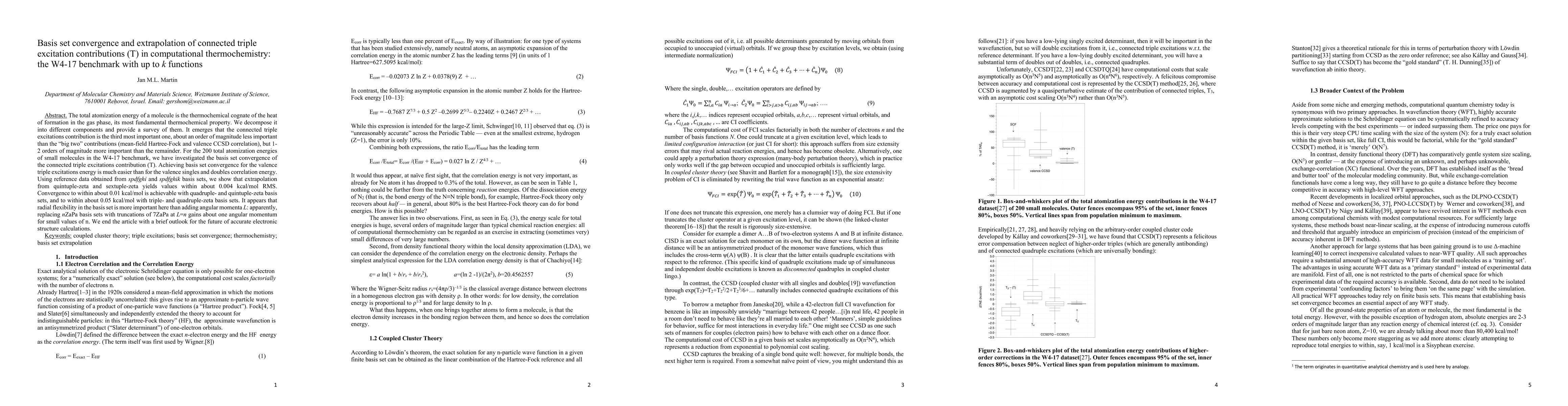 Thumbnail for Basis set convergence and extrapolation of connected triple excitation
  contributions (T) in computational thermochemistry: the W4-17 benchmark with
  up to k functions