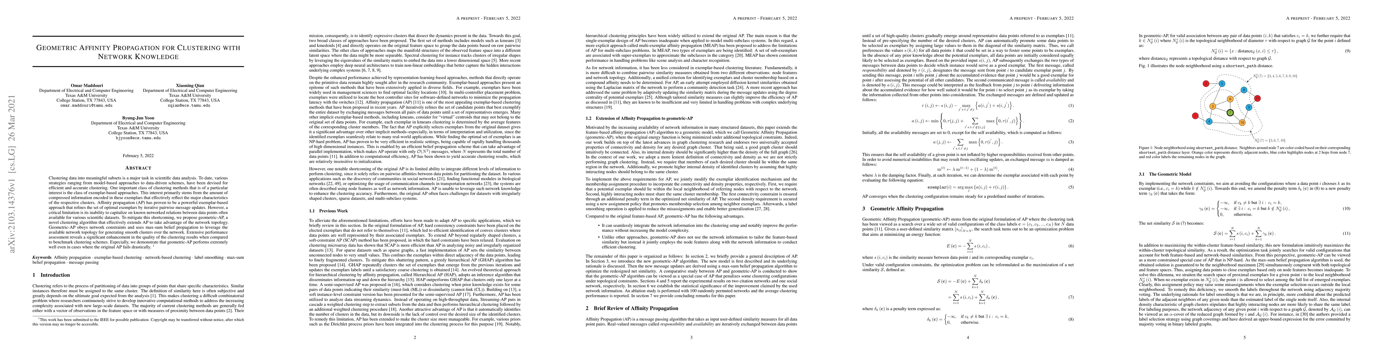 Thumbnail for Geometric Affinity Propagation for Clustering with Network Knowledge