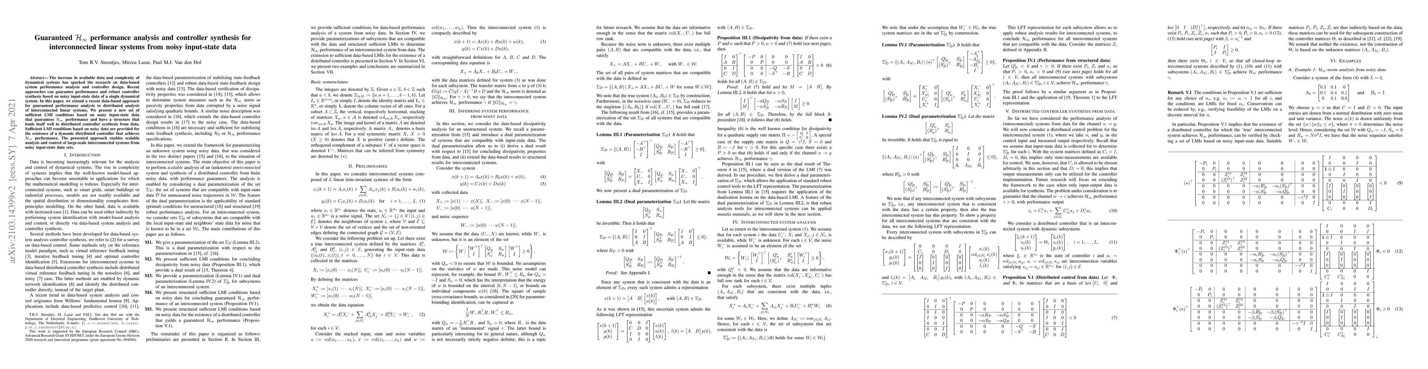 Thumbnail for Guaranteed $\mathcal{H}_\infty$ performance analysis and controller
  synthesis for interconnected linear systems from noisy input-state data