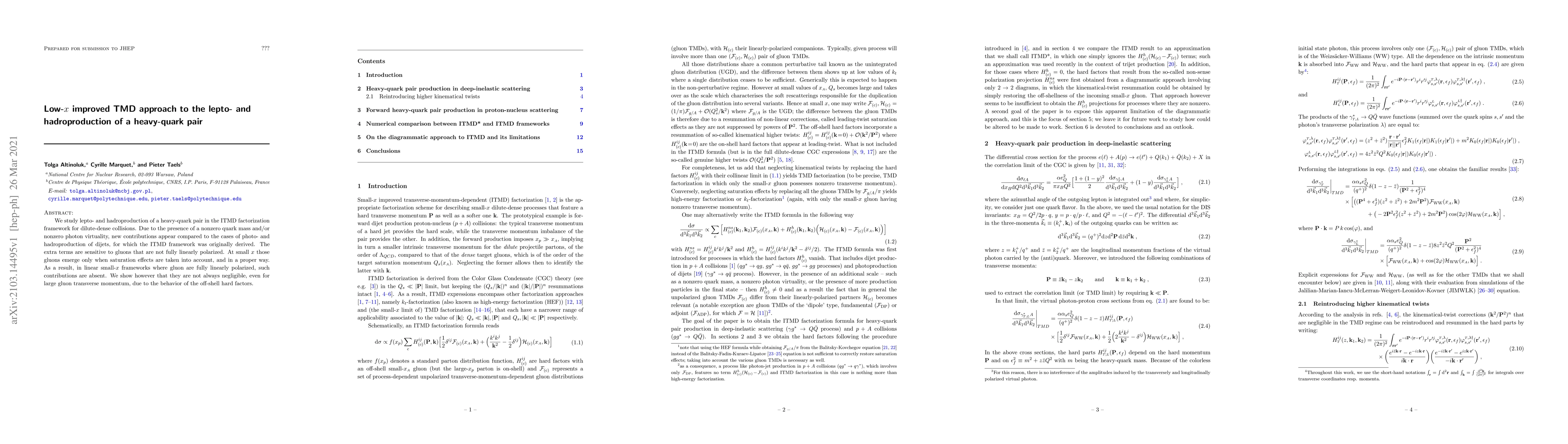 Thumbnail for Low-$x$ improved TMD approach to the lepto- and hadroproduction of a
  heavy-quark pair