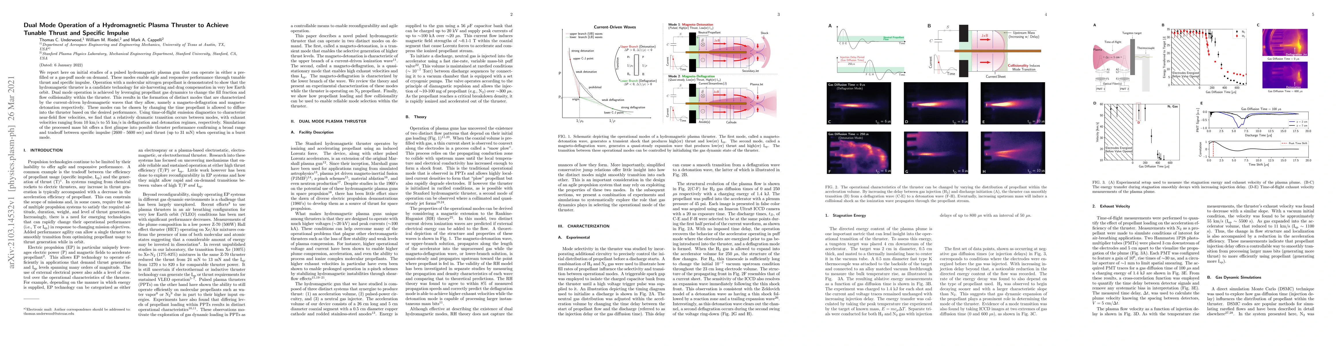 Thumbnail for Dual Mode Operation of a Hydromagnetic Plasma Thruster to Achieve
  Tunable Thrust and Specific Impulse