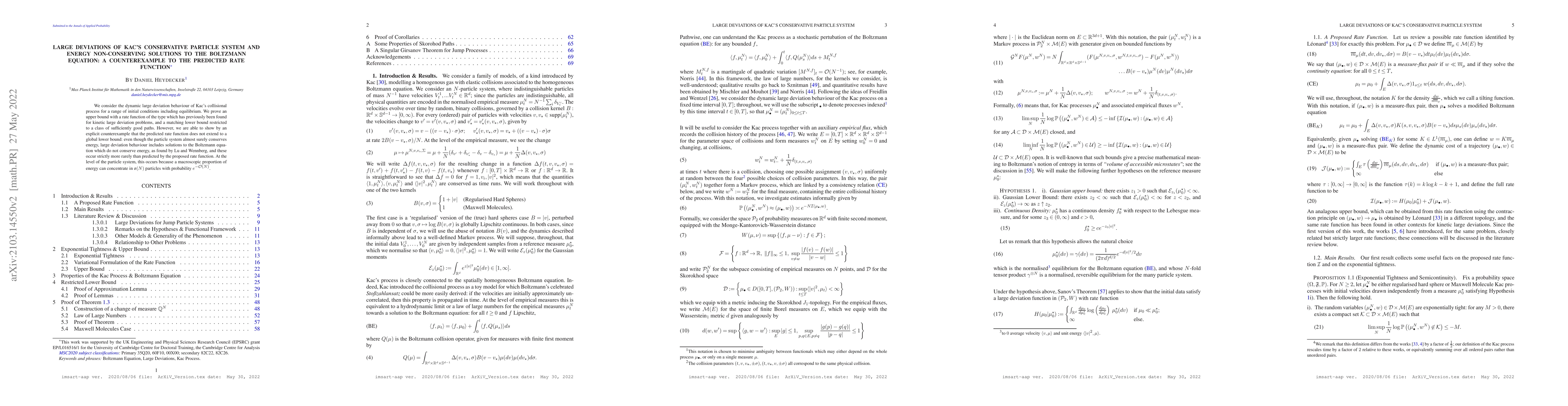 Thumbnail for Large Deviations of Kac's Conservative Particle System and Energy
  Non-Conserving Solutions to the Boltzmann Equation: A Counterexample to the
  Predicted Rate Function