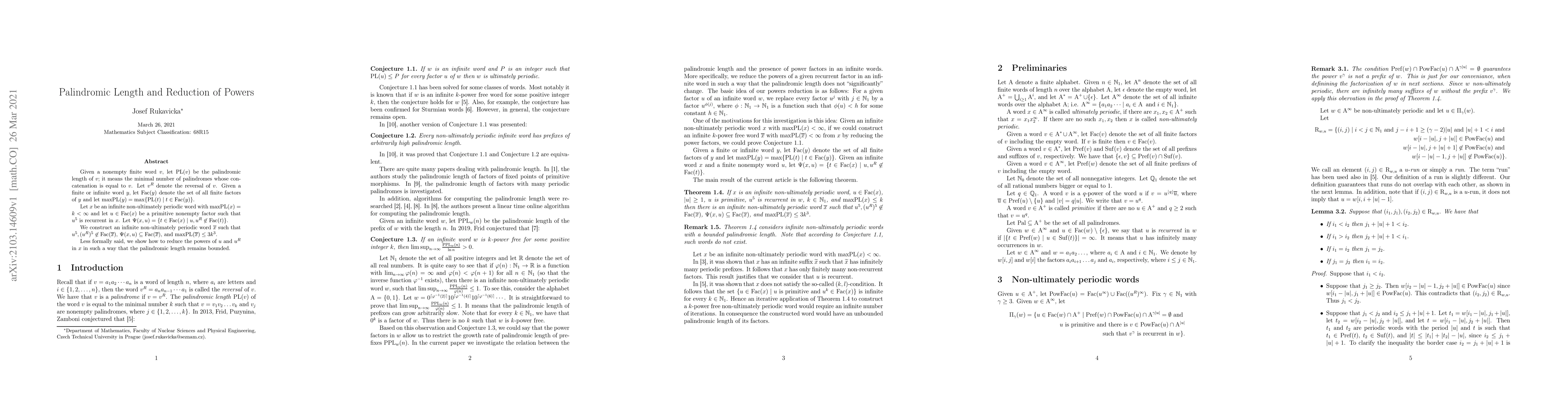 Thumbnail for Palindromic Length and Reduction of Powers