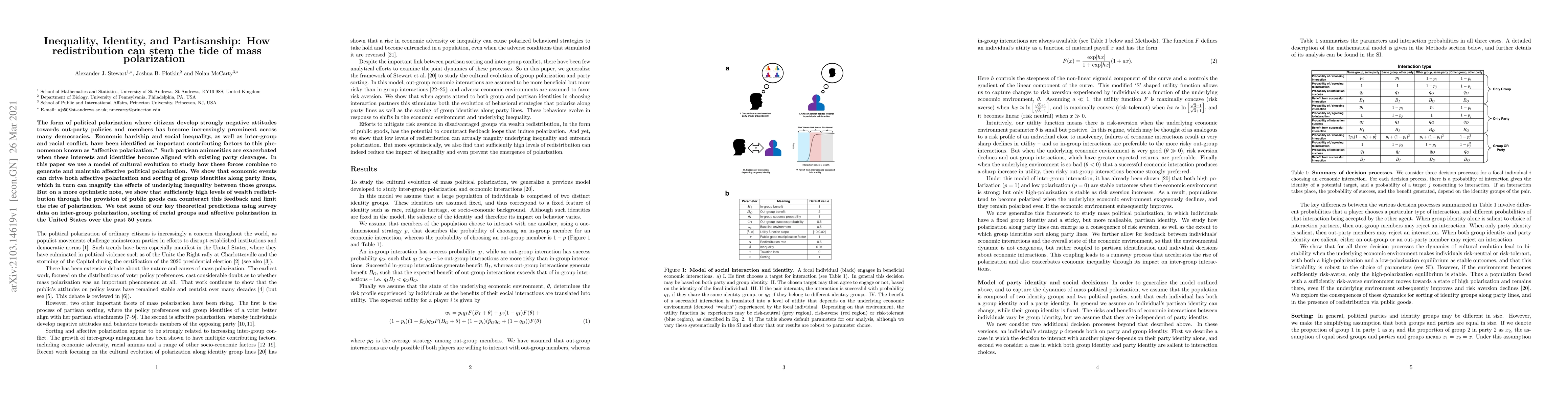 Thumbnail for Inequality, Identity, and Partisanship: How redistribution can stem the
  tide of mass polarization